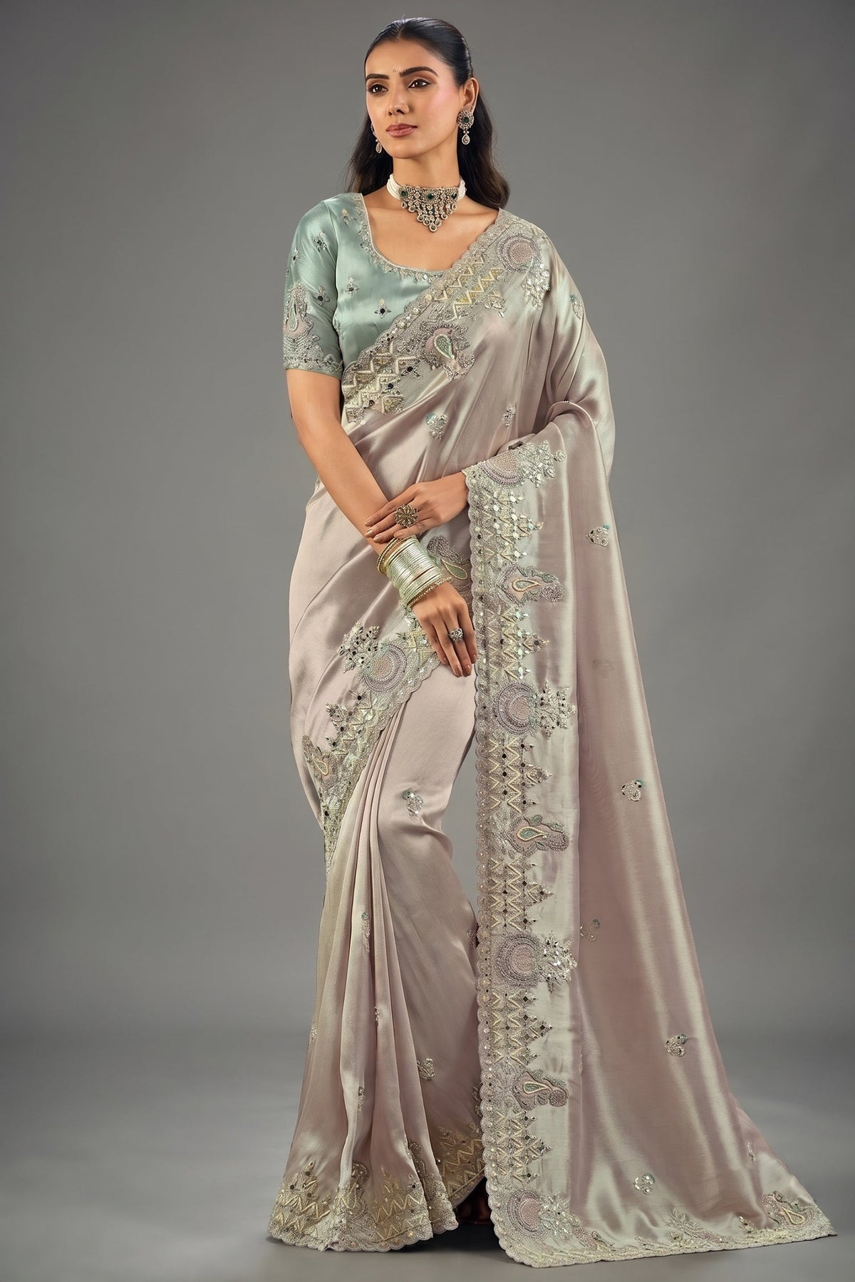 Silvery Lavender Silk Saree with Mirror Border