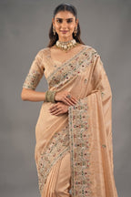 Champagne Peach Kanjivaram Silk Saree with Emerald Paisley Border
