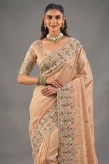 Champagne Peach Kanjivaram Silk Saree with Emerald Paisley Border