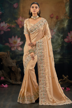 Champagne Peach Kanjivaram Silk Saree with Emerald Paisley Border