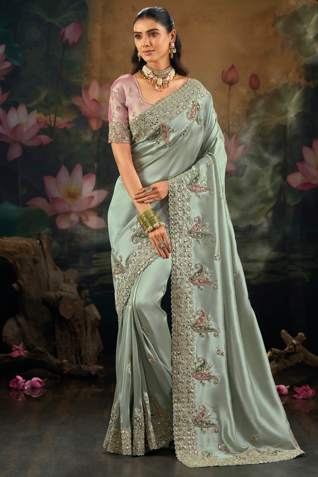 Pista Mint Green Silk Saree Adorned With Mirror Embellishment