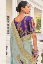 Grey to Blue Ombre Crepe Jacquard Saree with Jarkan Hand Work