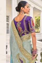 Grey to Blue Ombre Crepe Jacquard Saree with Jarkan Hand Work