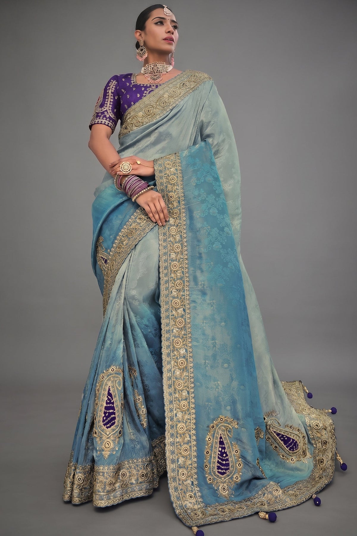 Grey to Blue Ombre Crepe Jacquard Saree with Jarkan Hand Work