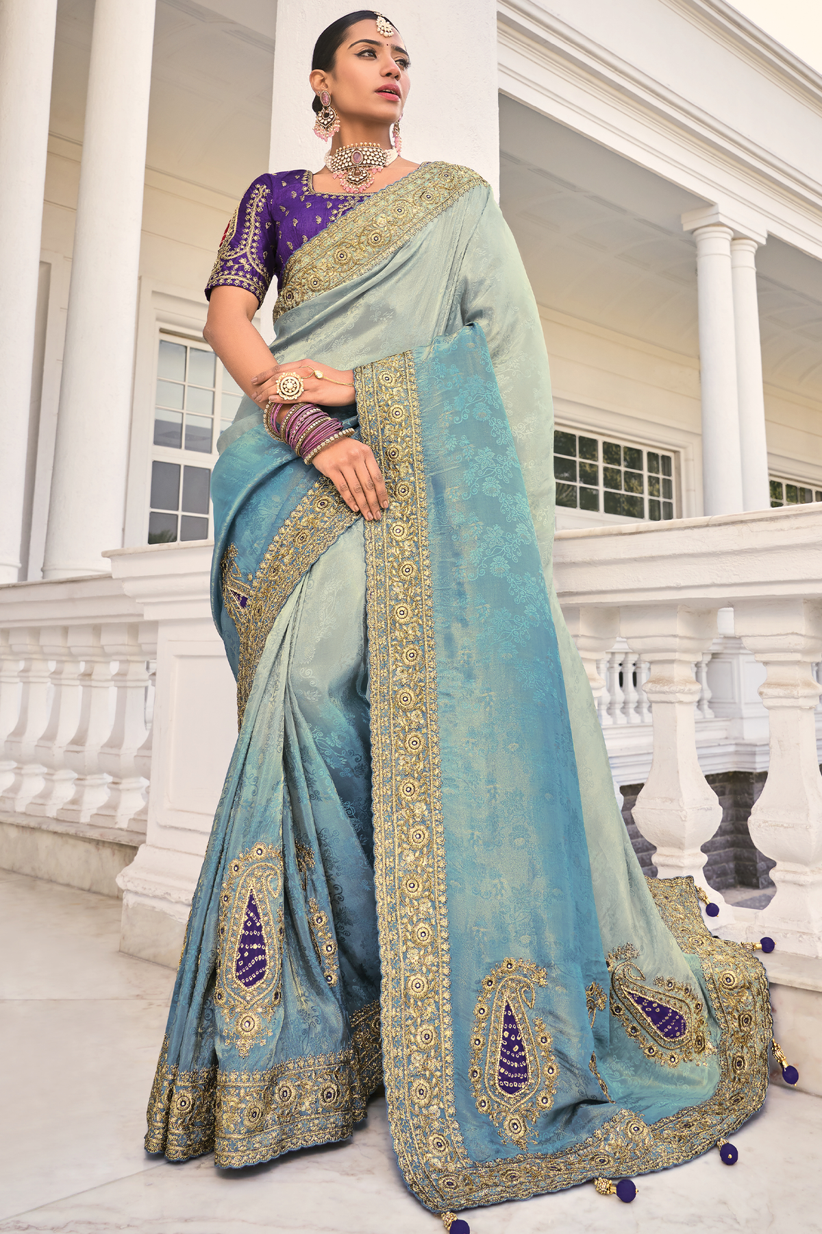 Grey to Blue Ombre Crepe Jacquard Saree with Jarkan Hand Work