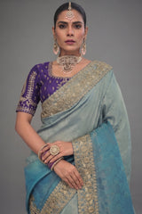 Grey to Blue Ombre Crepe Jacquard Saree with Jarkan Hand Work