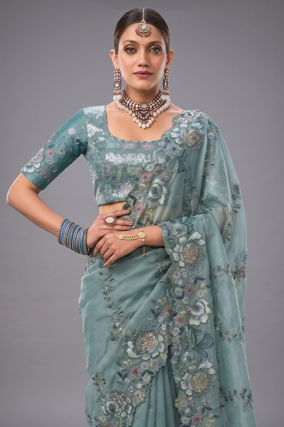 Slate Sea Green Organza Saree with Jarkan Border