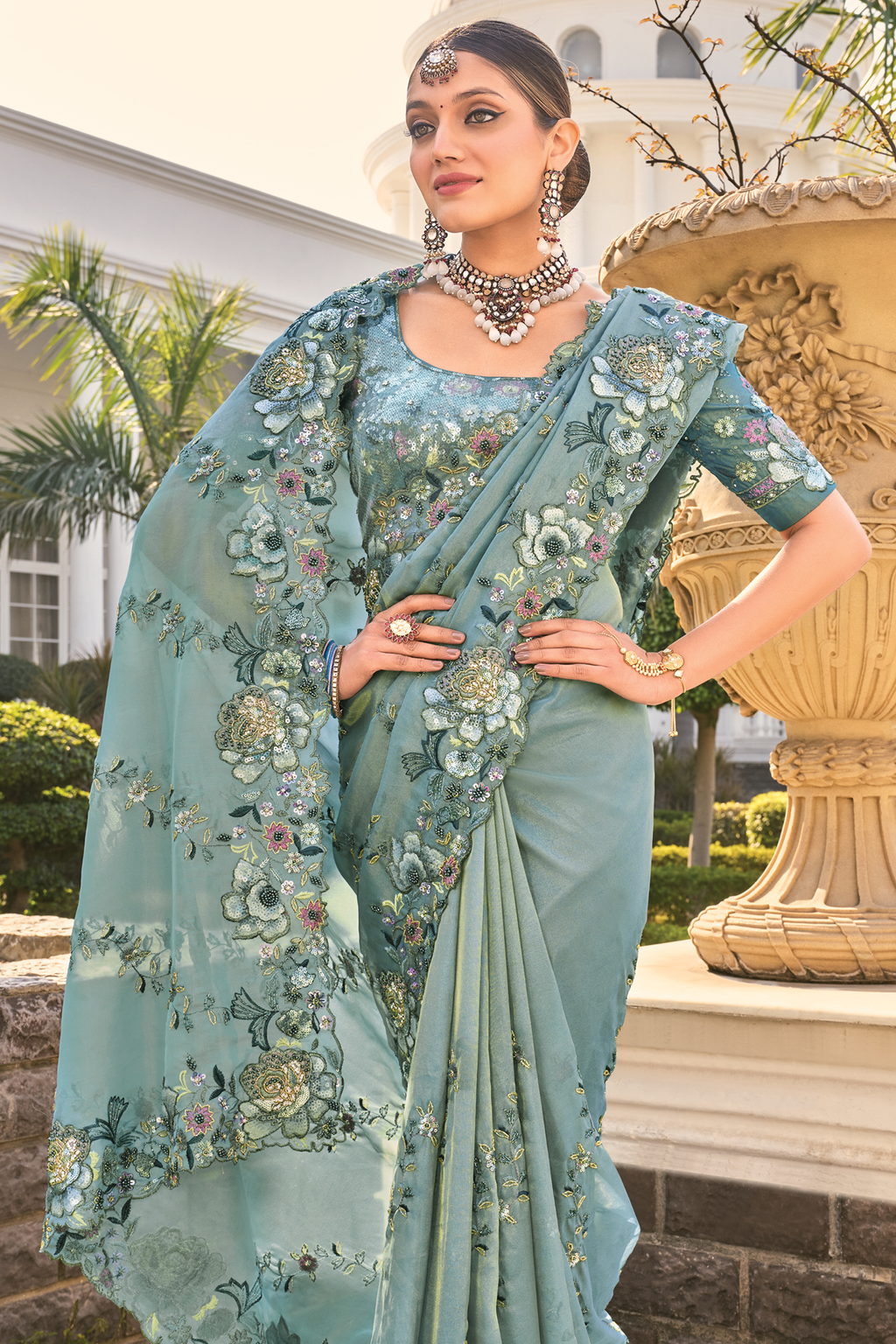 Slate Sea Green Organza Saree with Jarkan Border