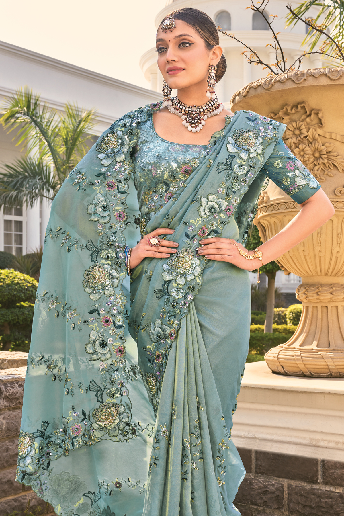 Slate Sea Green Organza Saree with Jarkan Border