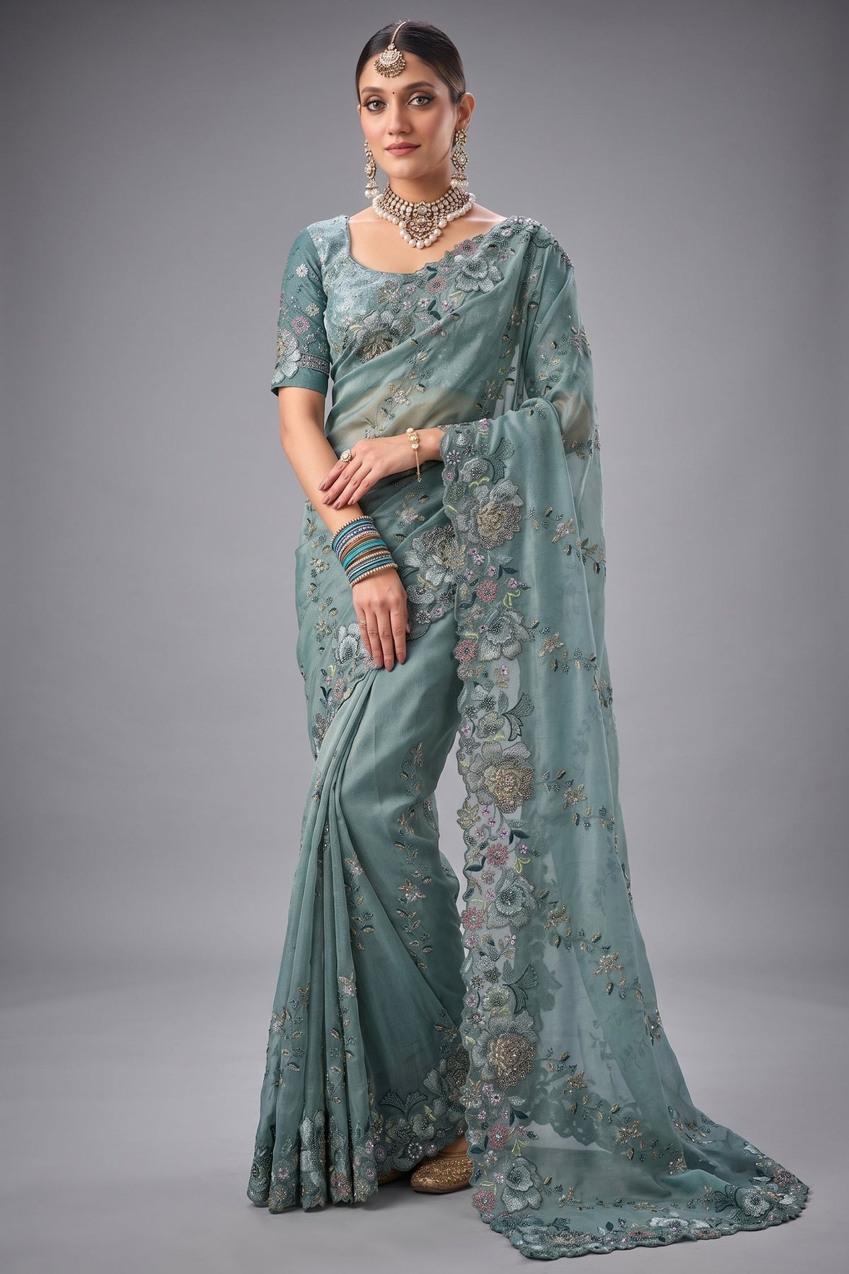 Slate Sea Green Organza Saree with Jarkan Border