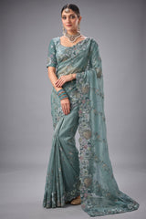 Slate Sea Green Organza Saree with Jarkan Border