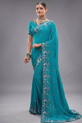 Firozi Turquoise Pure Crepe Saree with Linear Handwork