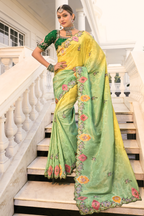 Lemon Yellow To Meadow Green Ombre Crepe Jacquard Saree with Metallic Cutdana And Moti Border