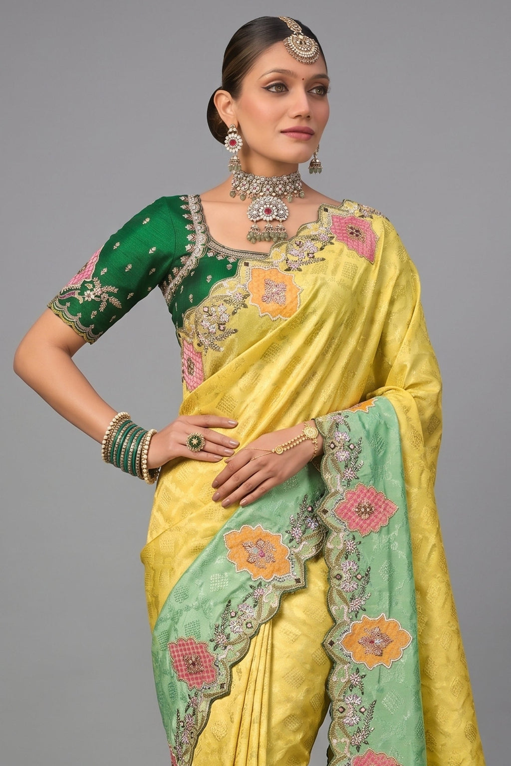 Lemon Yellow To Meadow Green Ombre Crepe Jacquard Saree with Metallic Cutdana And Moti Border