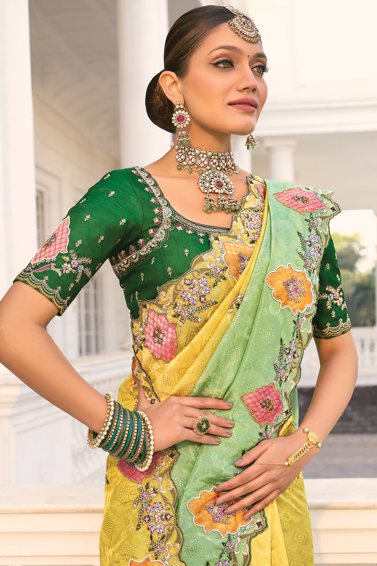Lemon Yellow To Meadow Green Ombre Crepe Jacquard Saree with Metallic Cutdana And Moti Border