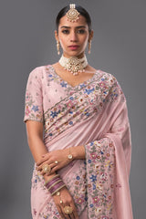 Blossom Pink Banarasi Jari Saree with Floral Motif Embroidery