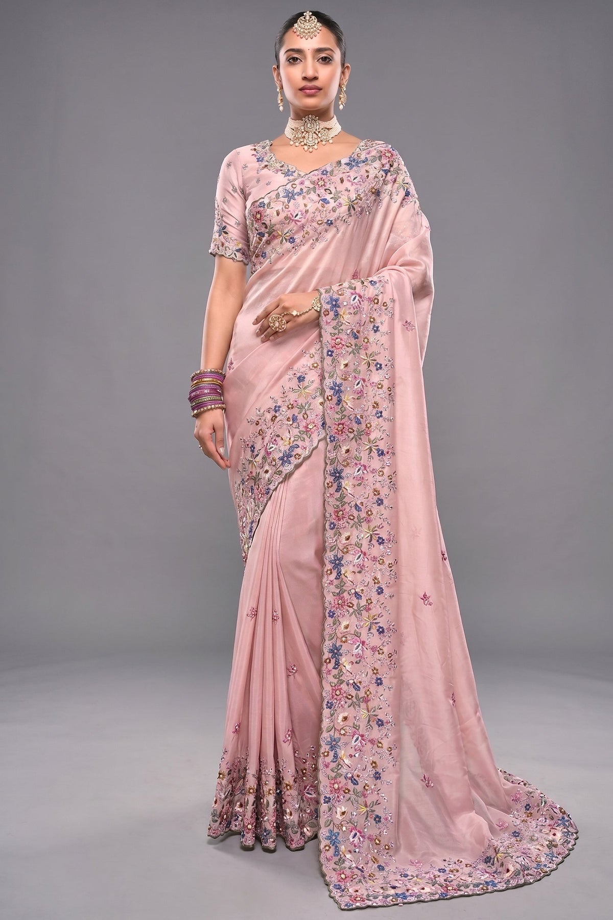 Blossom Pink Banarasi Jari Saree with Floral Motif Embroidery