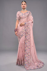 Blossom Pink Banarasi Jari Saree with Floral Motif Embroidery