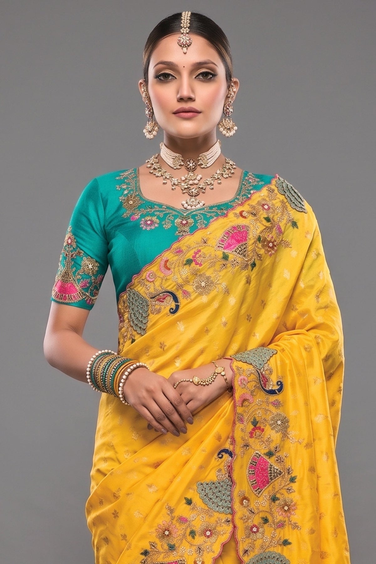 Marigold Yellow Crepe Saree Showcasing Multi Dimensional 3D Border