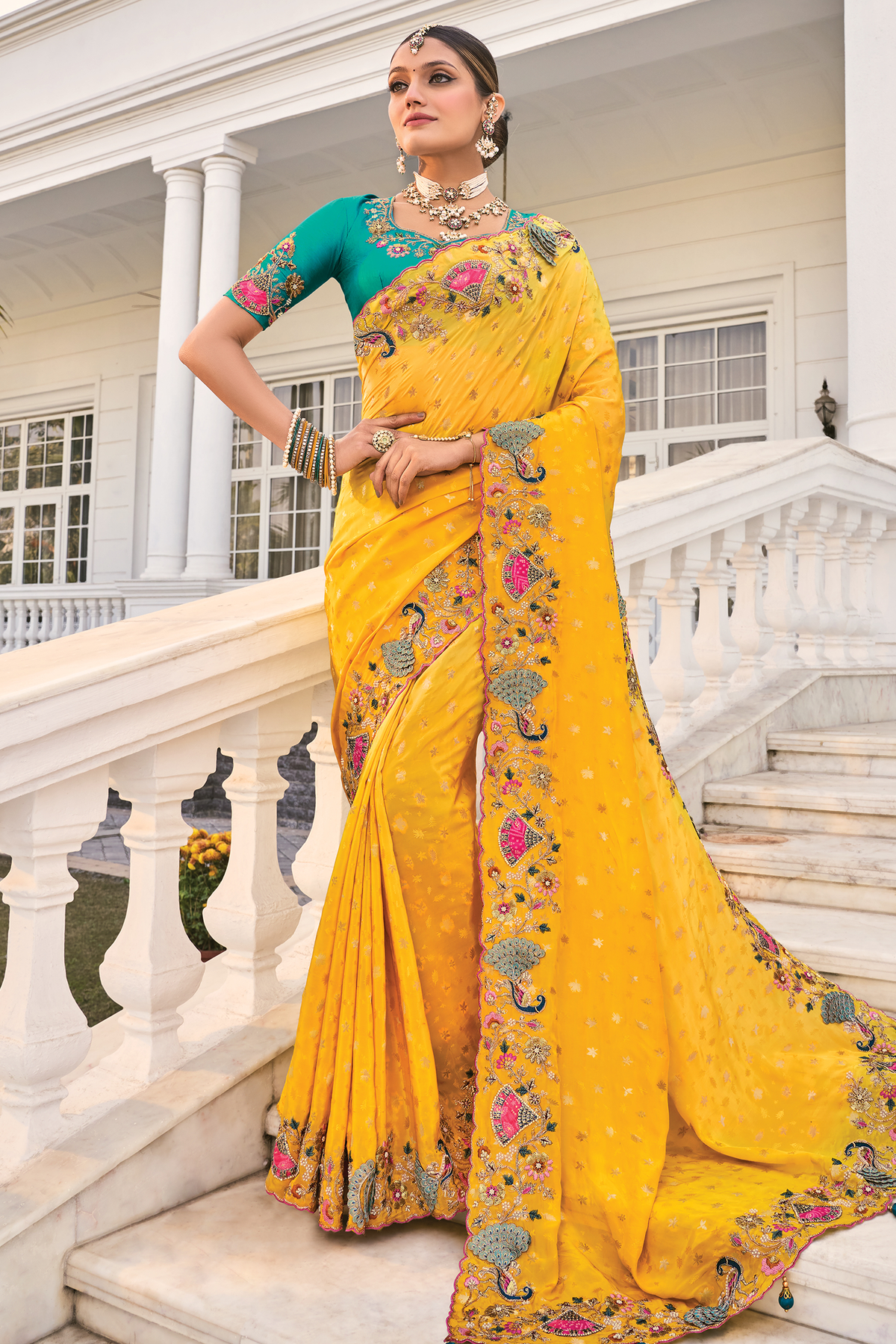Marigold Yellow Crepe Saree Showcasing Multi Dimensional 3D Border