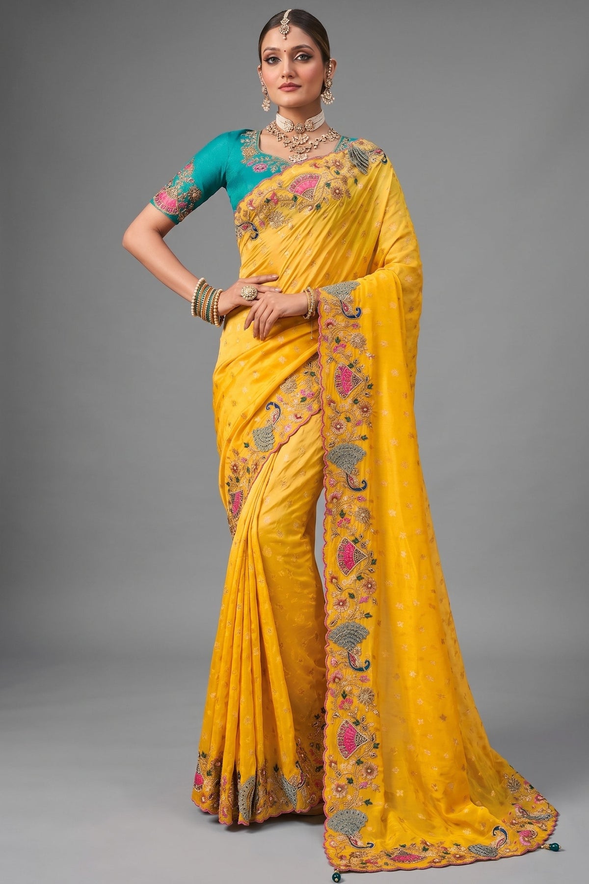 Marigold Yellow Crepe Saree Showcasing Multi Dimensional 3D Border