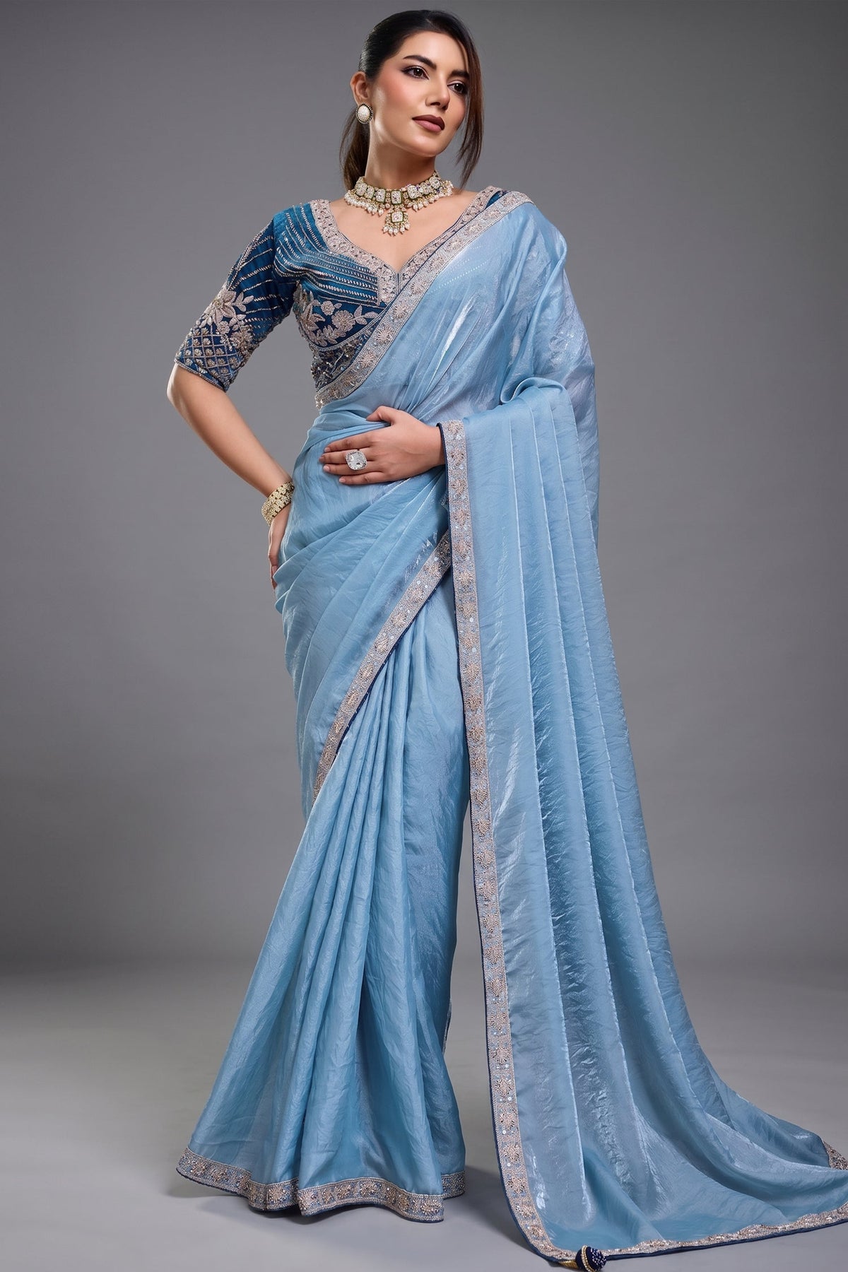 Azure Contrast Sky Blue Organza Satin Saree with Lace Border