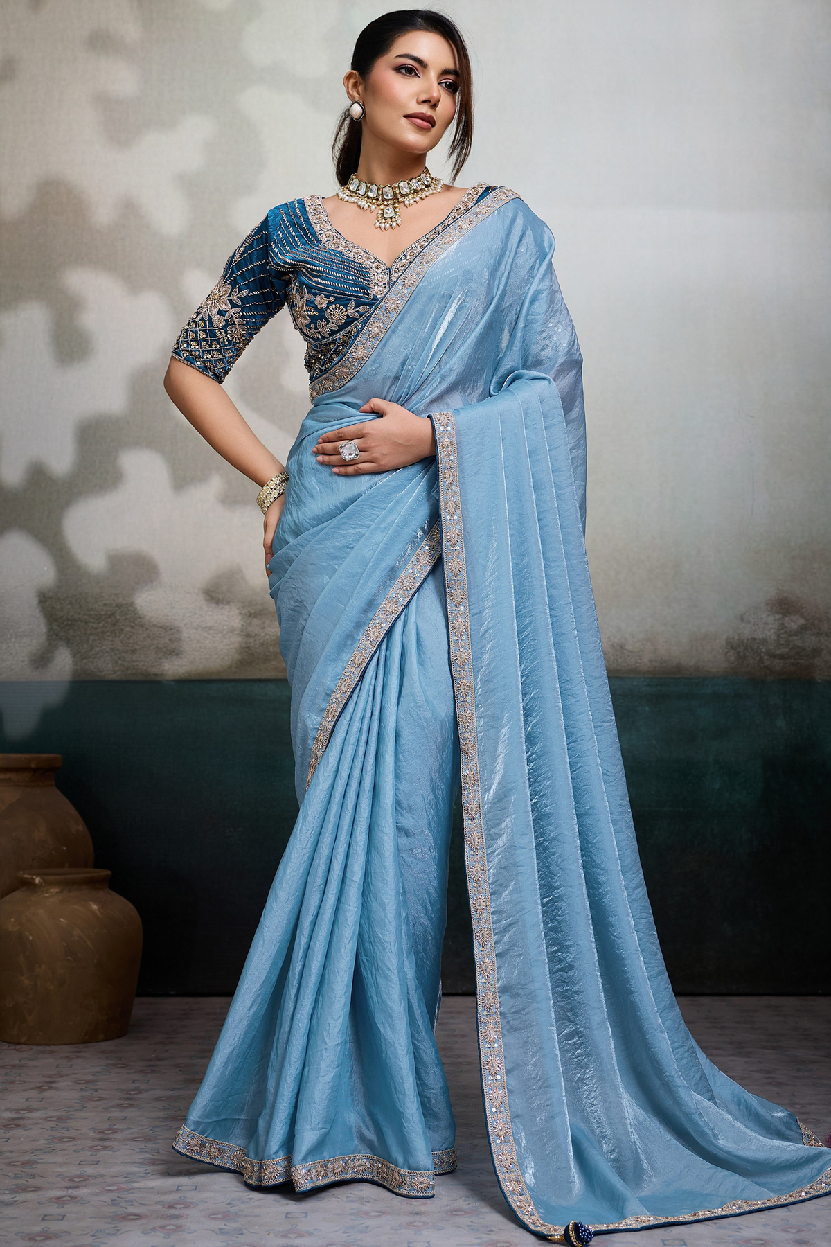 Azure Contrast Sky Blue Organza Satin Saree with Lace Border