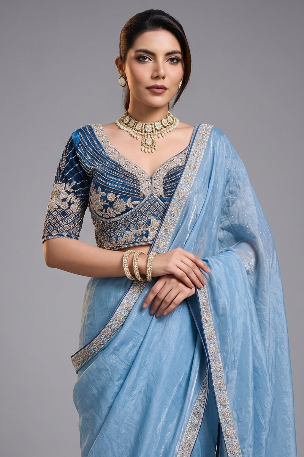 Azure Contrast Sky Blue Organza Satin Saree with Lace Border