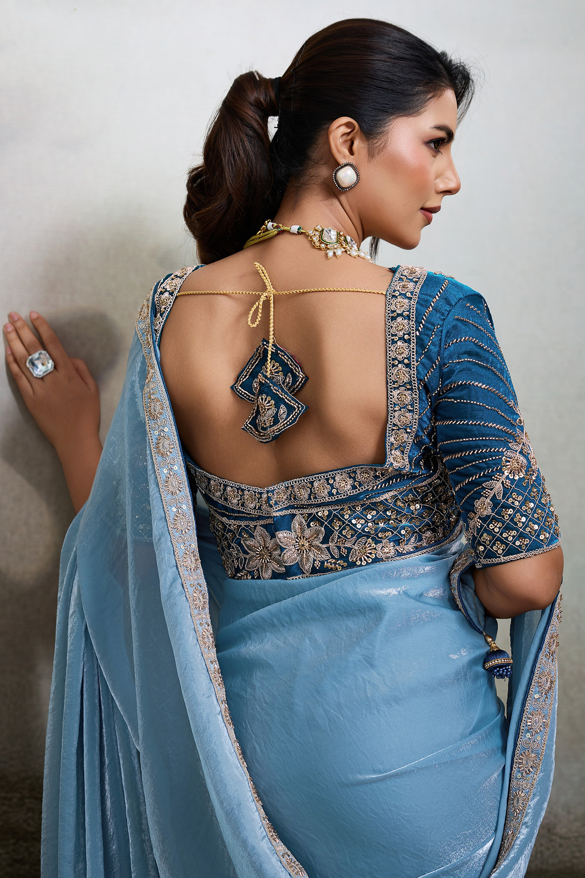 Azure Contrast Sky Blue Organza Satin Saree with Lace Border