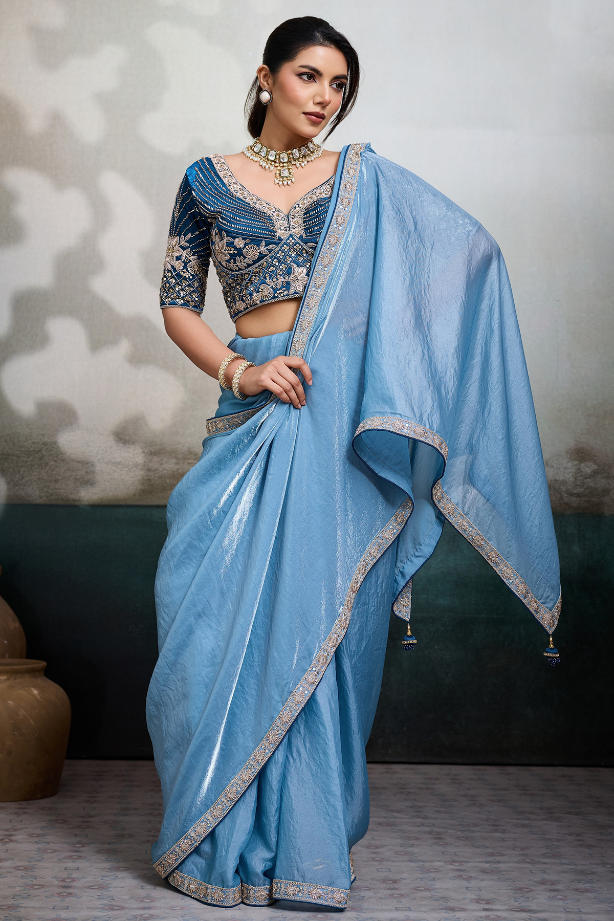 Azure Contrast Sky Blue Organza Satin Saree with Lace Border