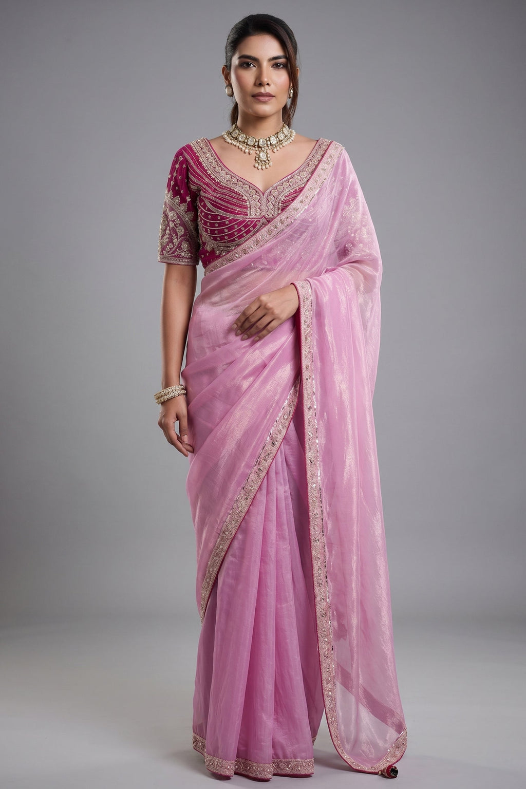 Blush Bloom Baby Pink Organza Satin Saree with Lace Border