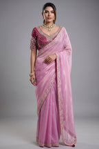 Blush Bloom Baby Pink Organza Satin Saree with Lace Border