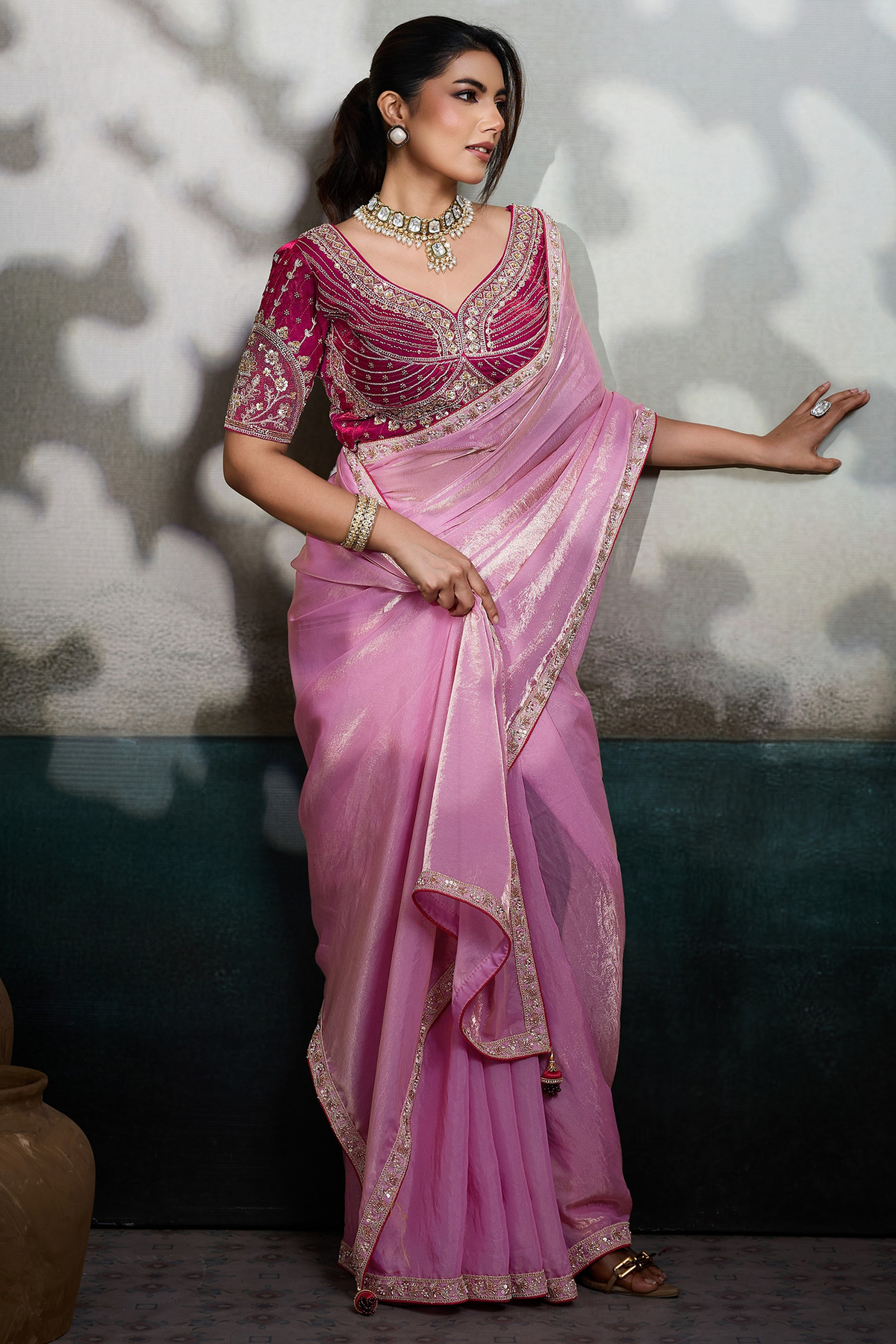 Blush Bloom Baby Pink Organza Satin Saree with Lace Border