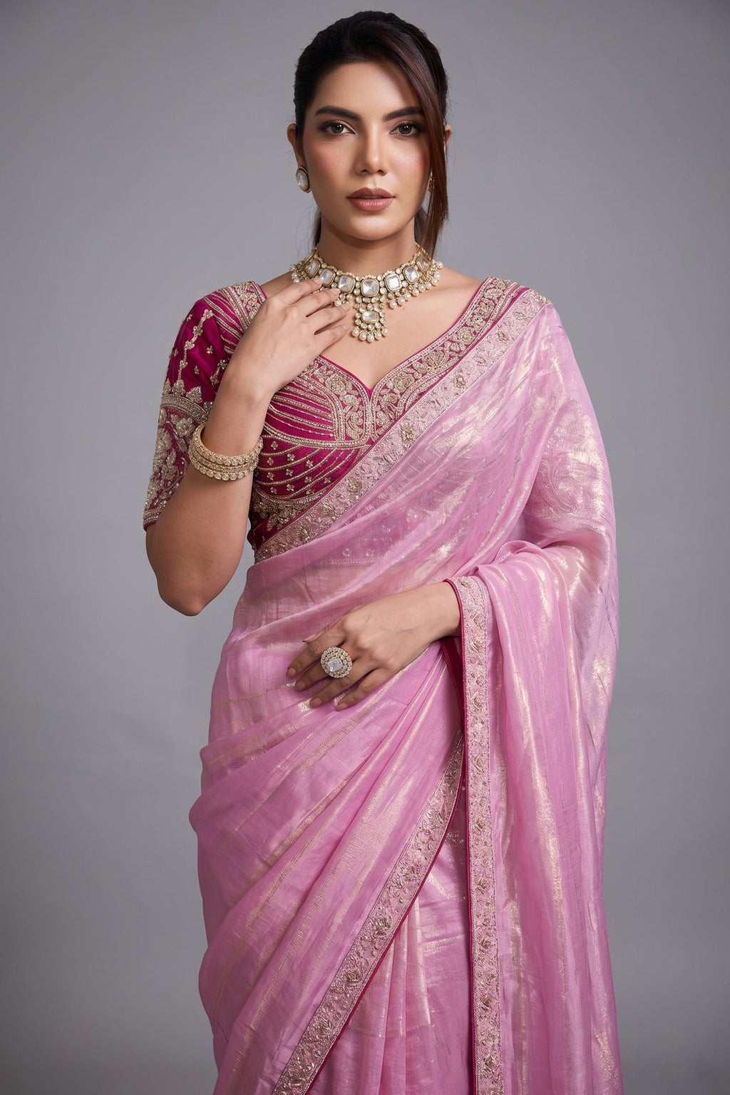 Blush Bloom Baby Pink Organza Satin Saree with Lace Border