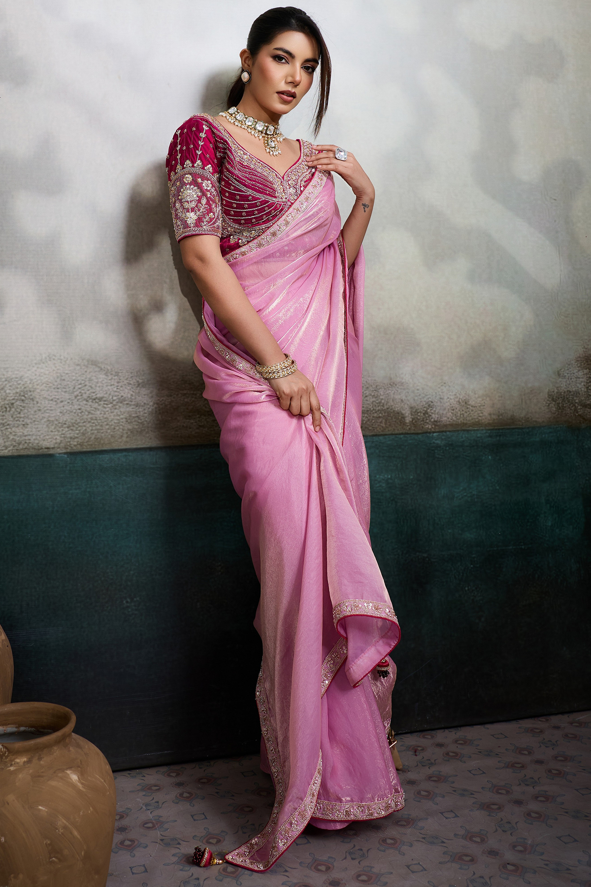 Blush Bloom Baby Pink Organza Satin Saree with Lace Border