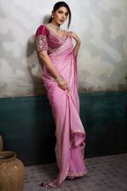 Blush Bloom Baby Pink Organza Satin Saree with Lace Border