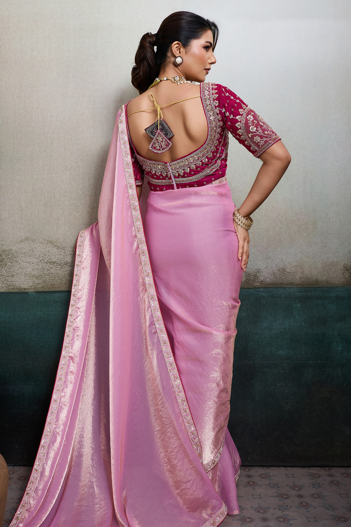 Blush Bloom Baby Pink Organza Satin Saree with Lace Border