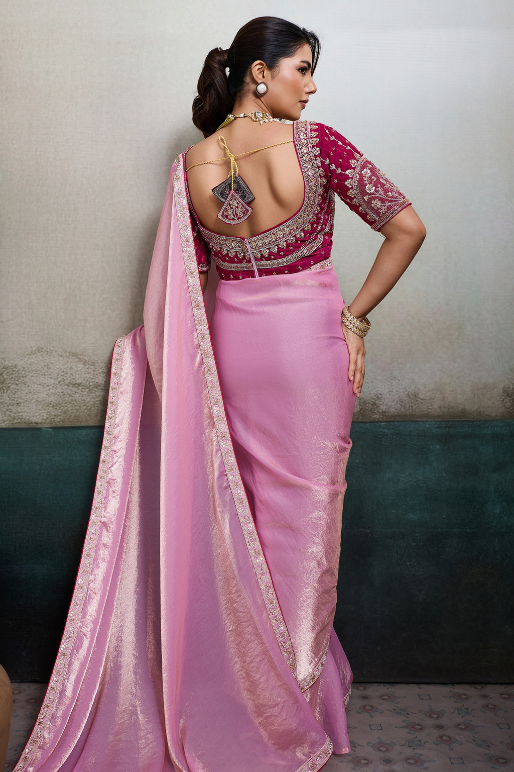 Blush Bloom Baby Pink Organza Satin Saree with Lace Border