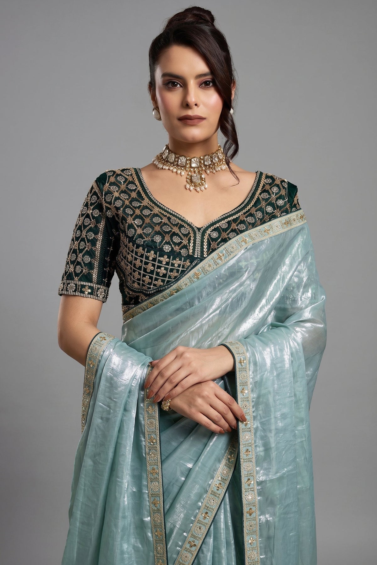 Evergreen Mist Seafoam Green Organza Satin Saree with Lace Border