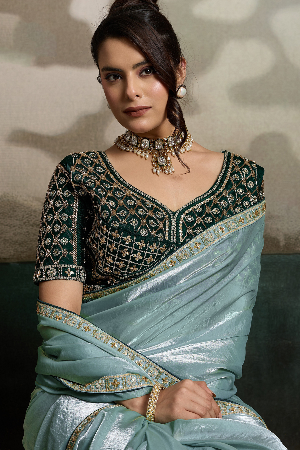 Evergreen Mist Seafoam Green Organza Satin Saree with Lace Border