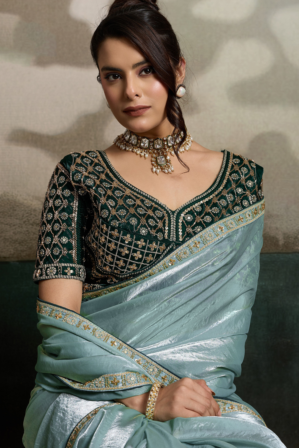 Evergreen Mist Seafoam Green Organza Satin Saree with Lace Border