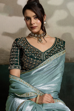 Evergreen Mist Seafoam Green Organza Satin Saree with Lace Border