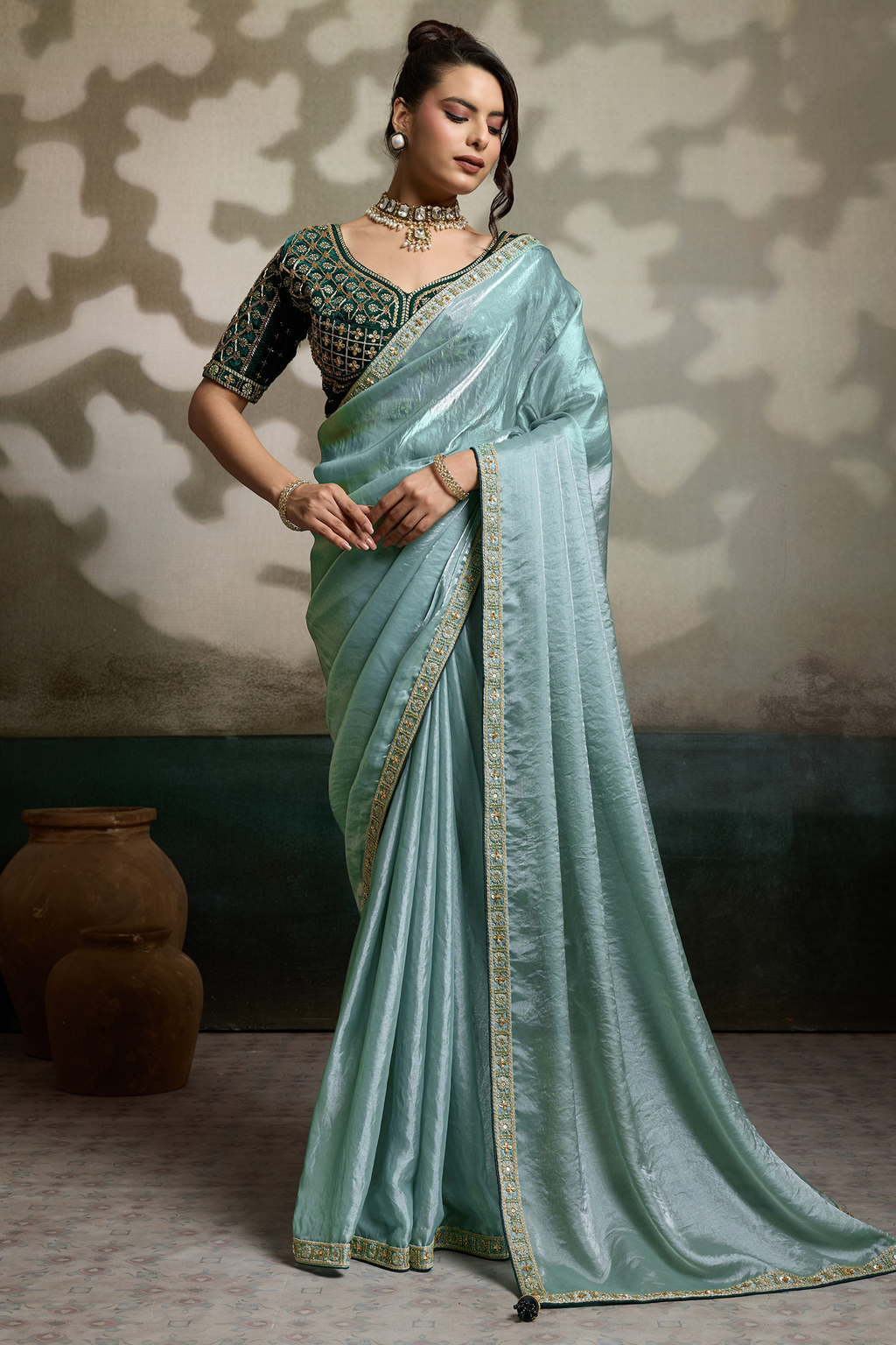 Evergreen Mist Seafoam Green Organza Satin Saree with Lace Border