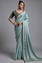 Evergreen Mist Seafoam Green Organza Satin Saree with Lace Border