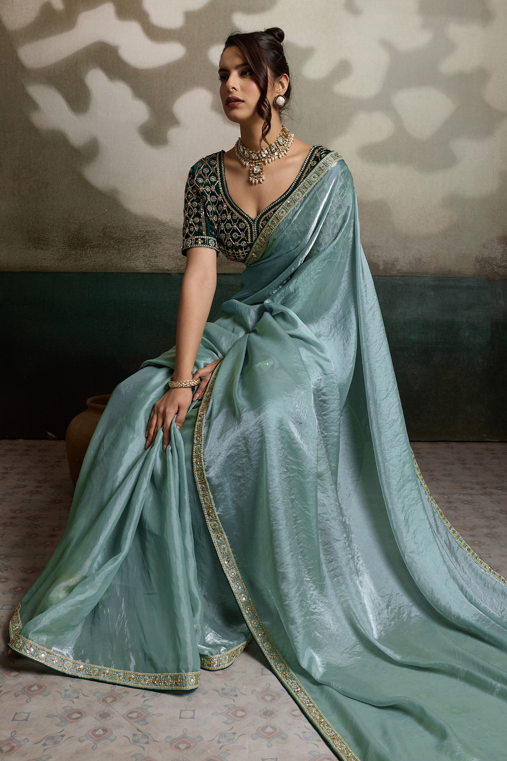 Evergreen Mist Seafoam Green Organza Satin Saree with Lace Border