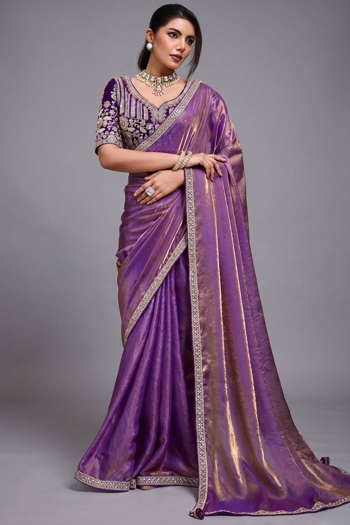 Orchid Dusk Dual-Tone Purple Organza Satin Saree with Lace Border