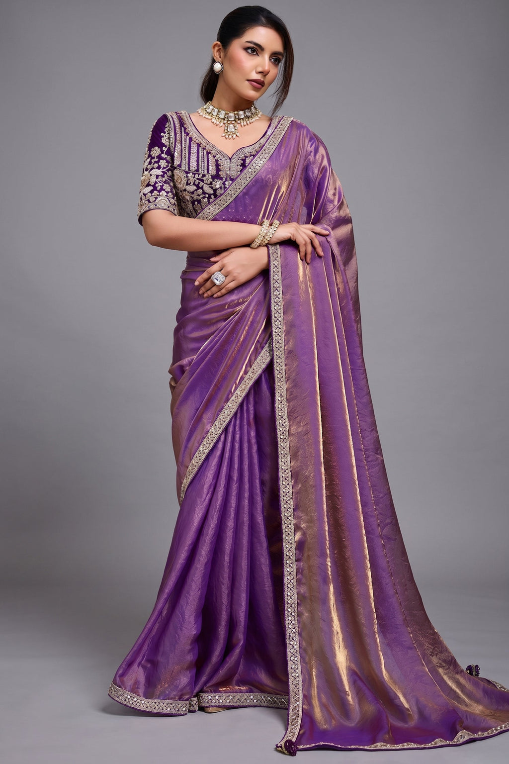 Orchid Dusk Dual-Tone Purple Organza Satin Saree with Lace Border
