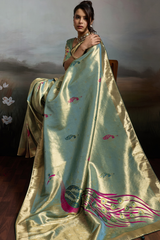 Sea Green Jacquard Art Silk Saree with Peacock Meenakari Motifs Border & Pallu