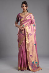 Radiant Orchid Pink Jacquard Art Silk Saree with Peacock Meenakari Motifs Border & Pallu