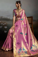 Radiant Orchid Pink Jacquard Art Silk Saree with Peacock Meenakari Motifs Border & Pallu